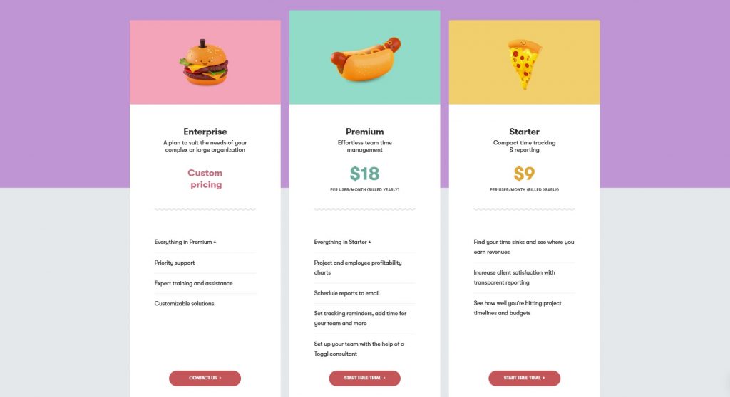 the pricing page of Toggl