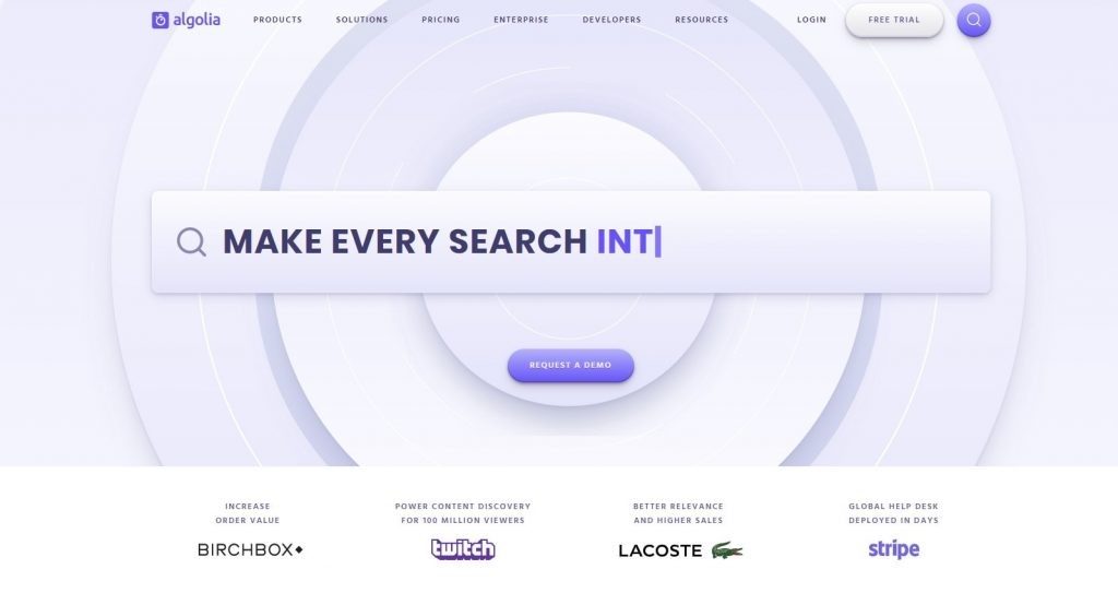 the algolia homepage with shadows