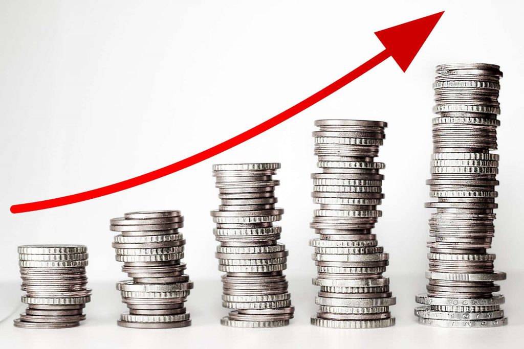 raise bids - ascending graph - arrow over coins - arrow pointing up