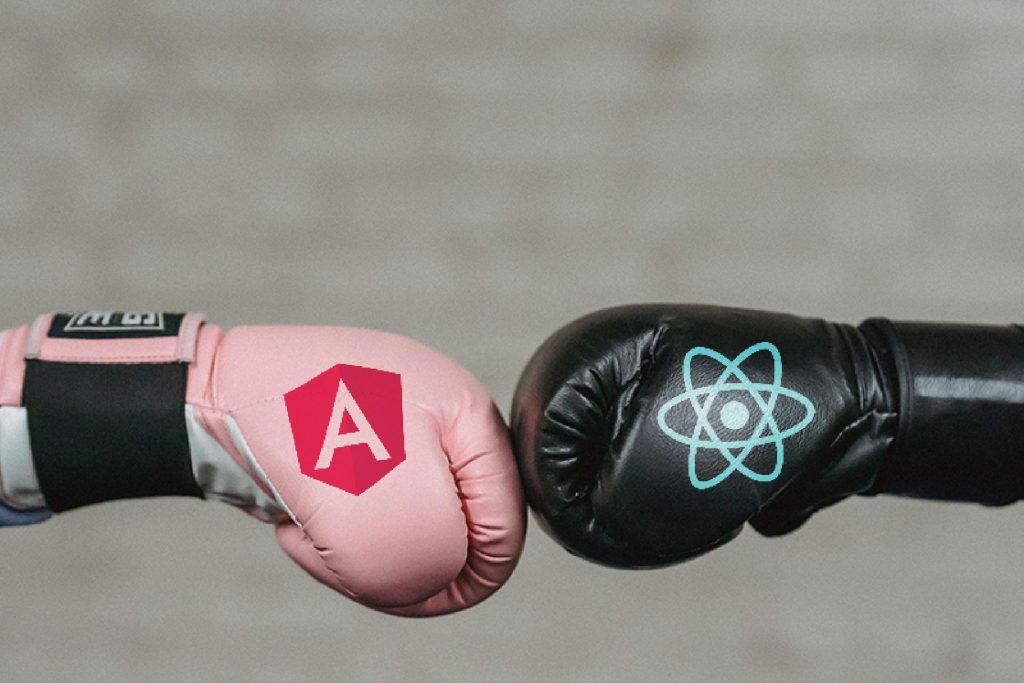 angular and react logos on boxing gloves