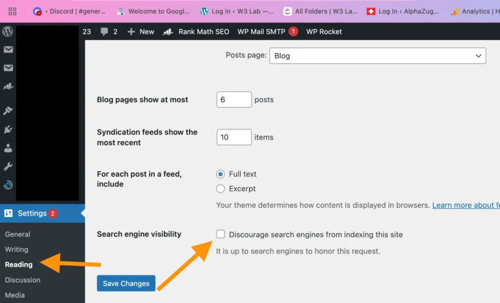 noindex settings in word press website