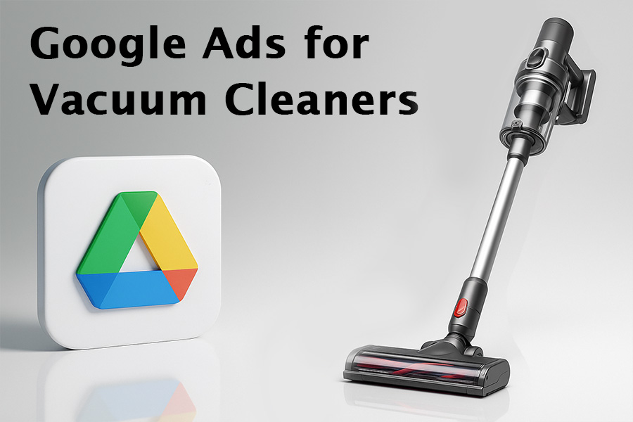 A cordless vacuum cleaner next to Google Ads logo.