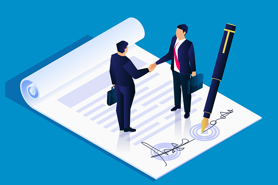An illustration of two businessmen shaking hands on a piece of contract.