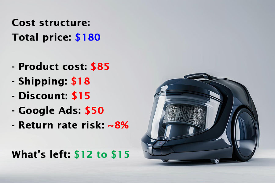 A representation of a typical cost structure when you're selling a vacuum cleaner with Google Ads.