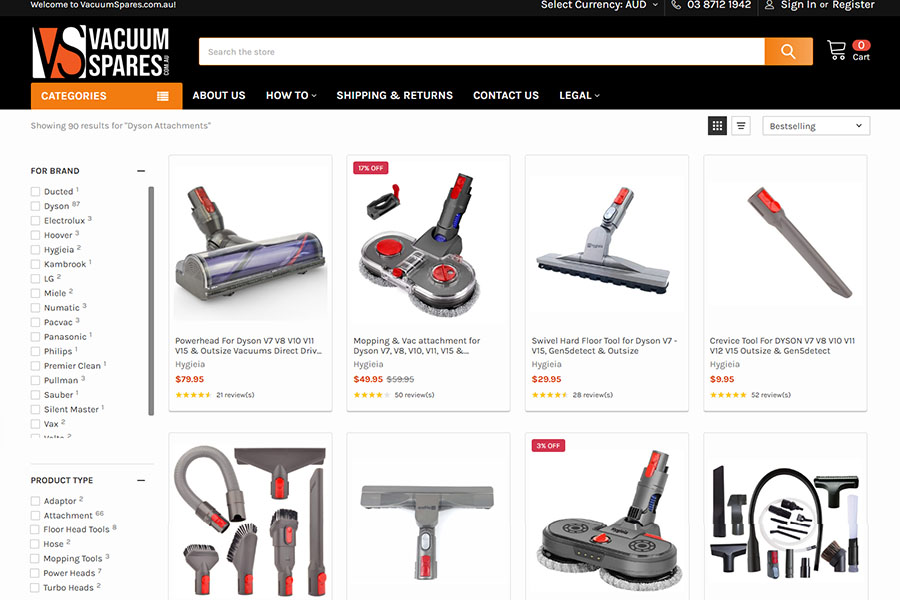 Vacuum Spares website homepage.