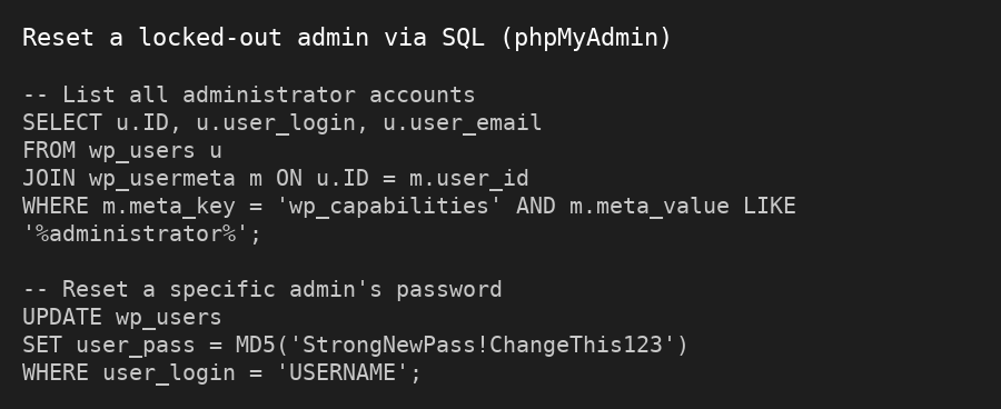Code: Reset a locked-out admin via SQL (phpMyAdmin).