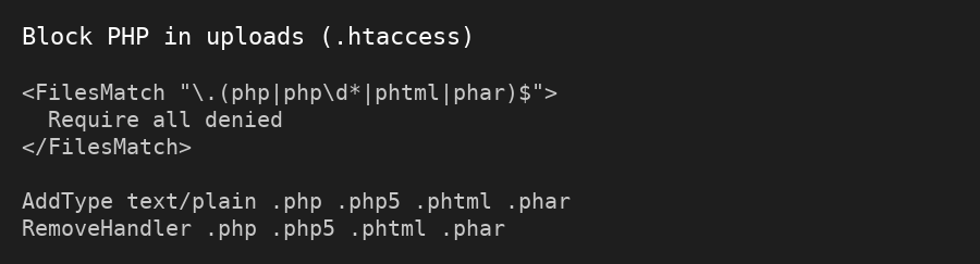 Code: Block PHP execution in /uploads with a local .htaccess