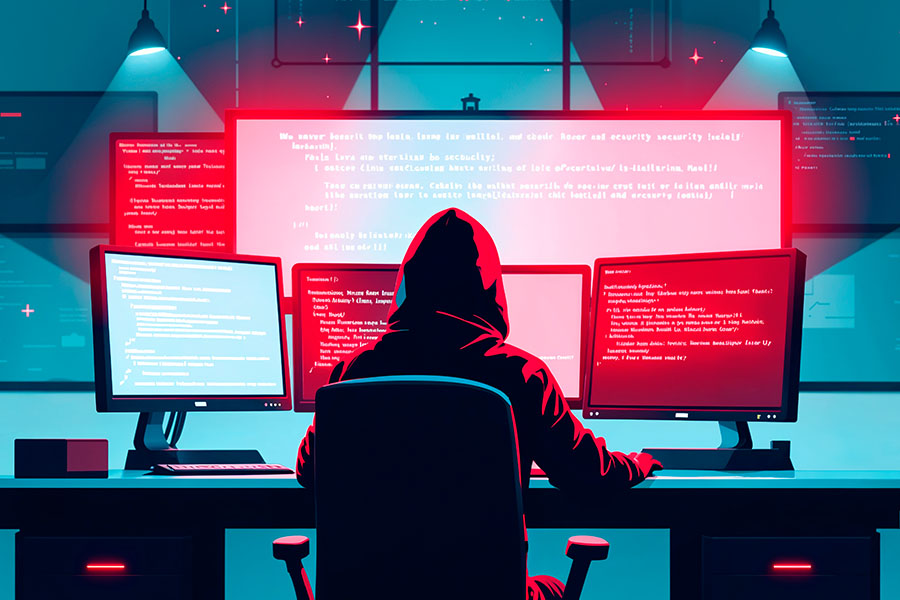 An Illustration of hacker looking at screens.