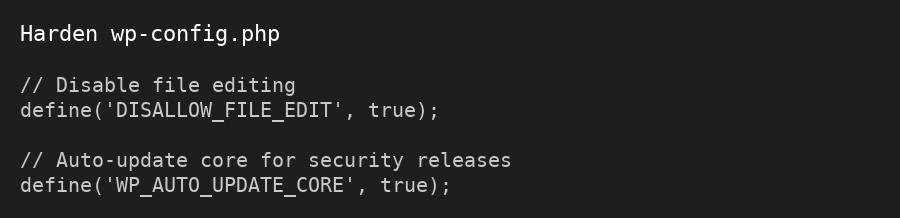 Code: Lock down editor + brute-force basics in wp-config.php