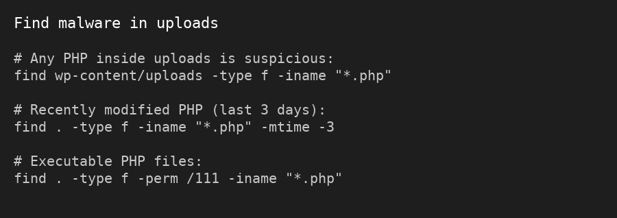 Code: Hunt for backdoors in /uploads and recent PHP files.