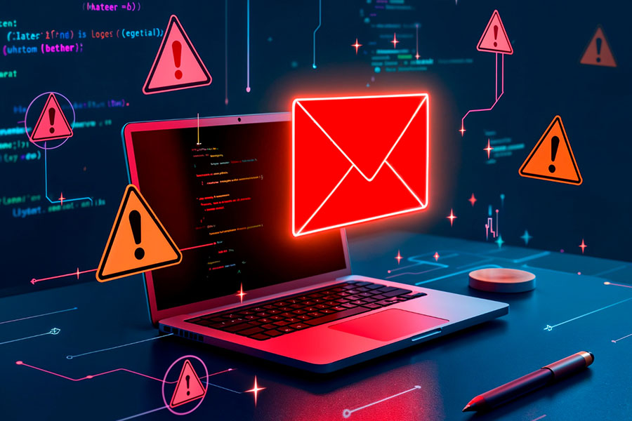 Spam emails illustration: Laptop with code on the screen and many warning signs around.